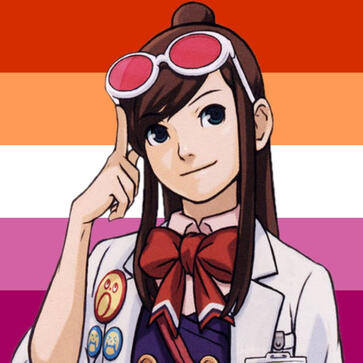 [id: a picture of ema skye on a lesbian flag background. end id.]