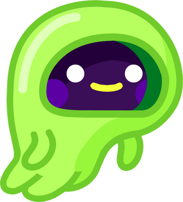 [id: a picture of ecto from moshi monsters, a purple ghost wearing a gooey grreen cape. end id]